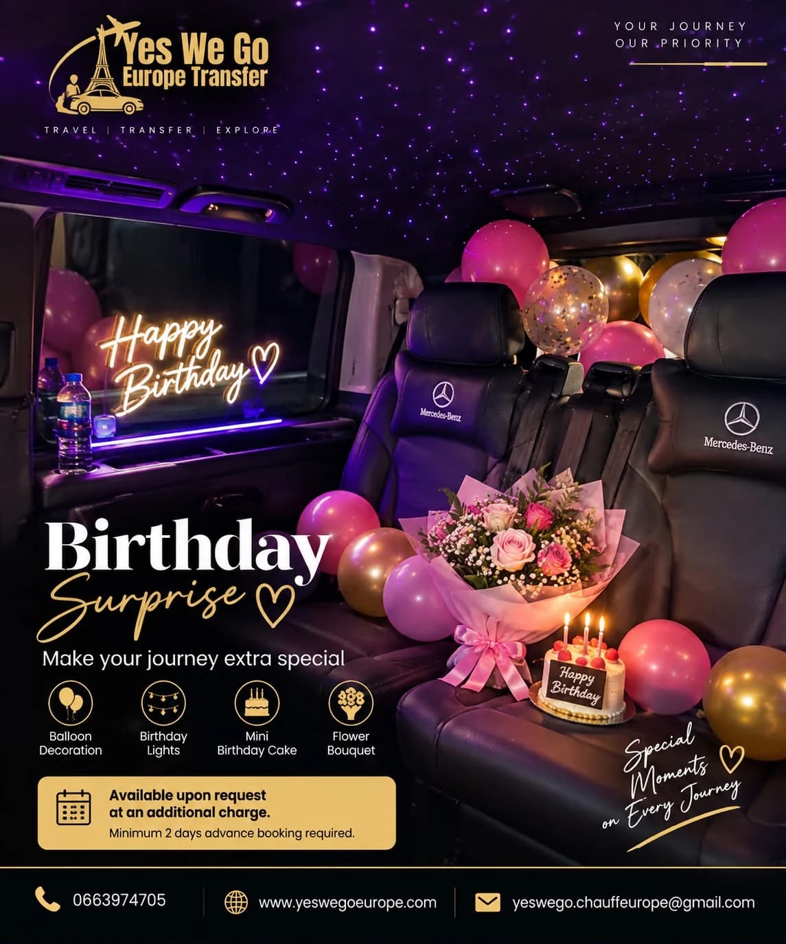 Birthday Surprise in a Mercedes V-Class: balloons, Happy Birthday neon sign, flower bouquet and mini birthday cake under a starlight ceiling