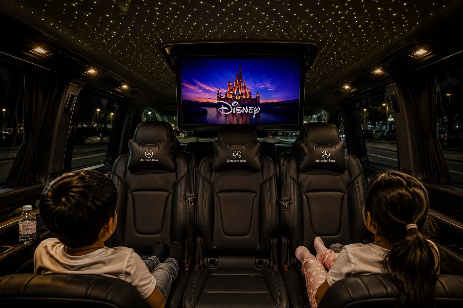 Children watching a Disney movie beneath the fibre-optic starlight ceiling during a Mercedes V-Class transfer