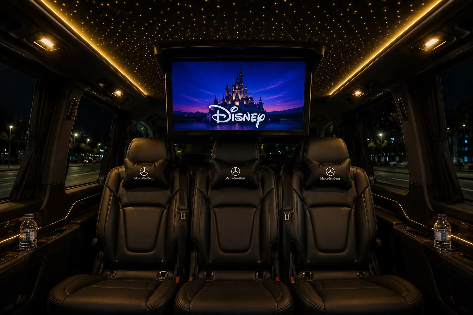 On-board HD entertainment screen and starlight ceiling inside a Mercedes V-Class chauffeur transfer to Disneyland Paris