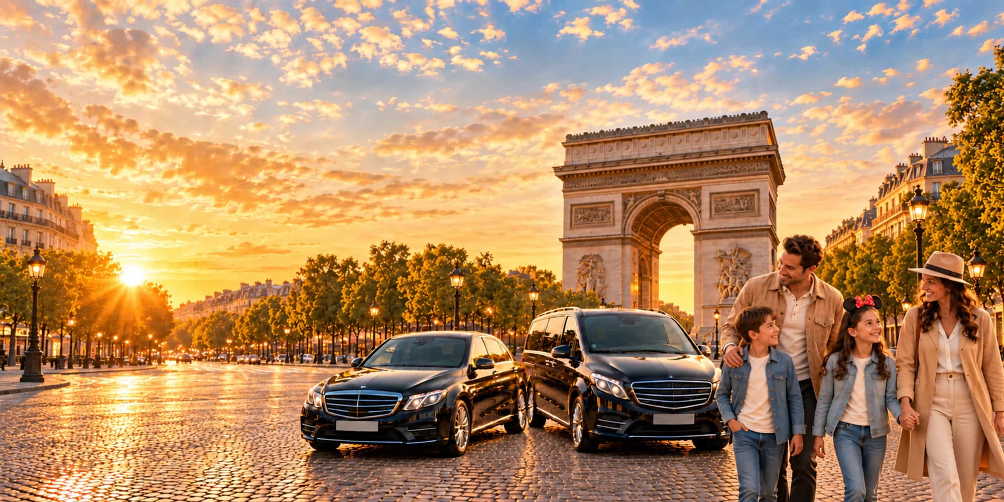 Yes We Go Europe private chauffeur with Mercedes E-Class and V-Class at the Arc de Triomphe, Paris, at sunset